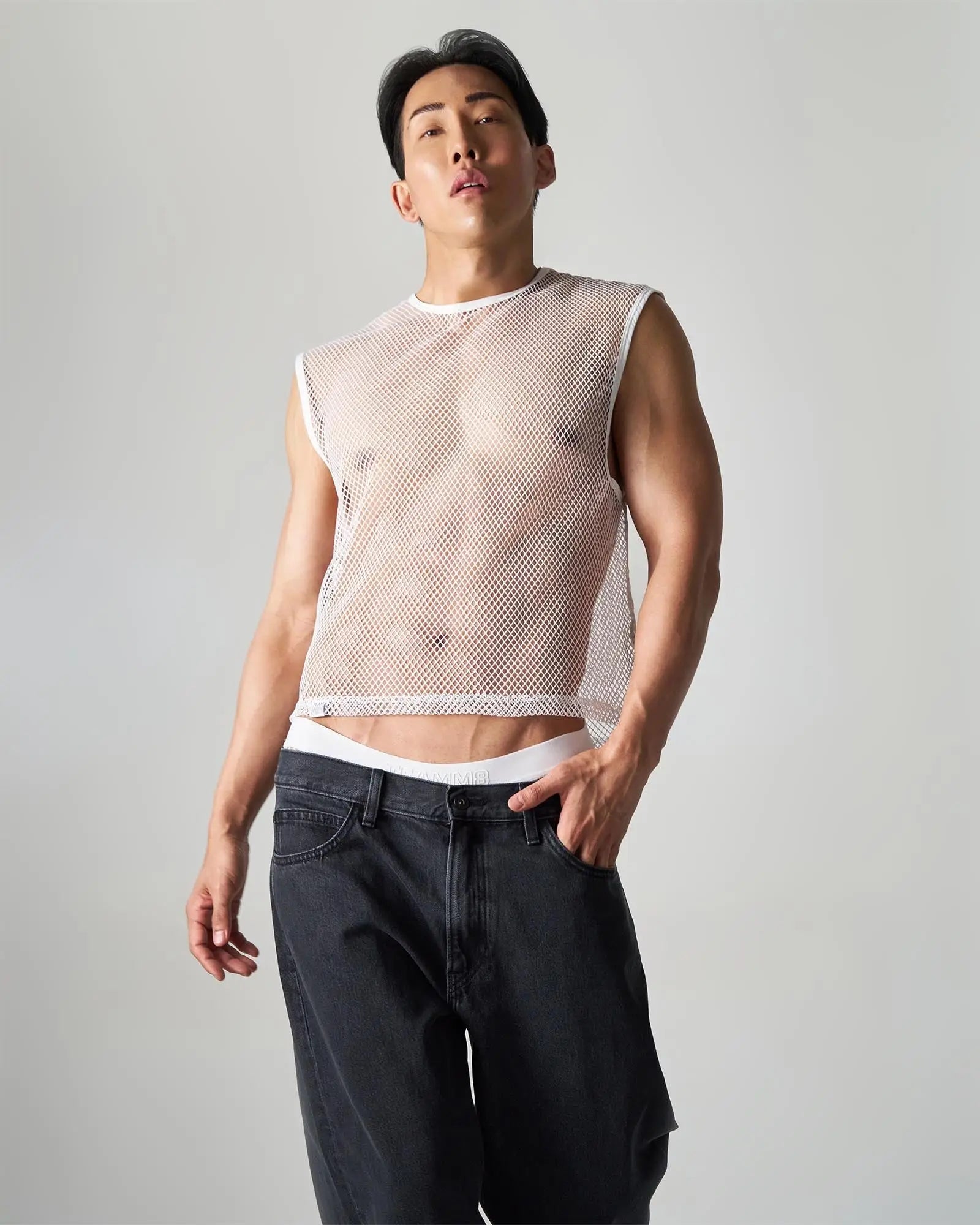 White edge net mesh muscle tank sleeveless top with subtle sheen and fine uniform grid pattern