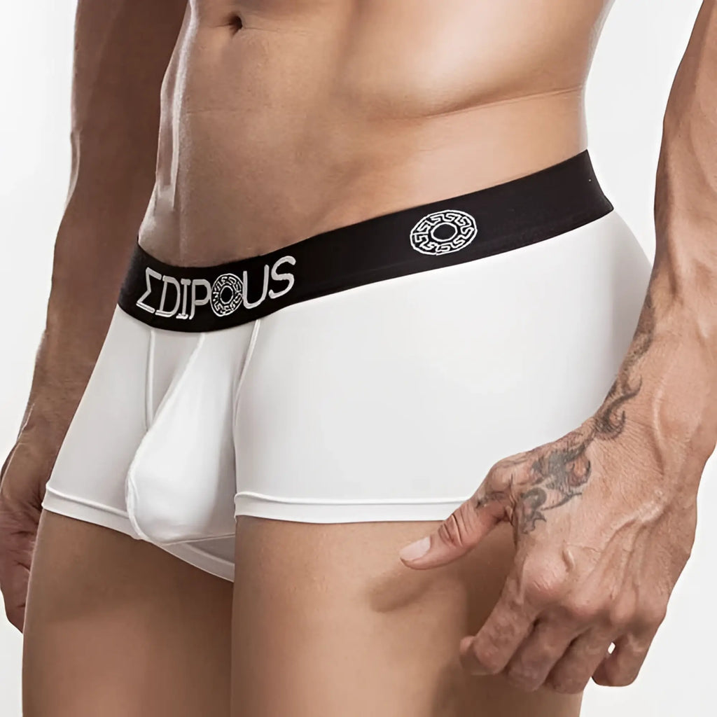White men’s briefs edipous ed5404 with black waistband featuring edipus brand name and circular logo