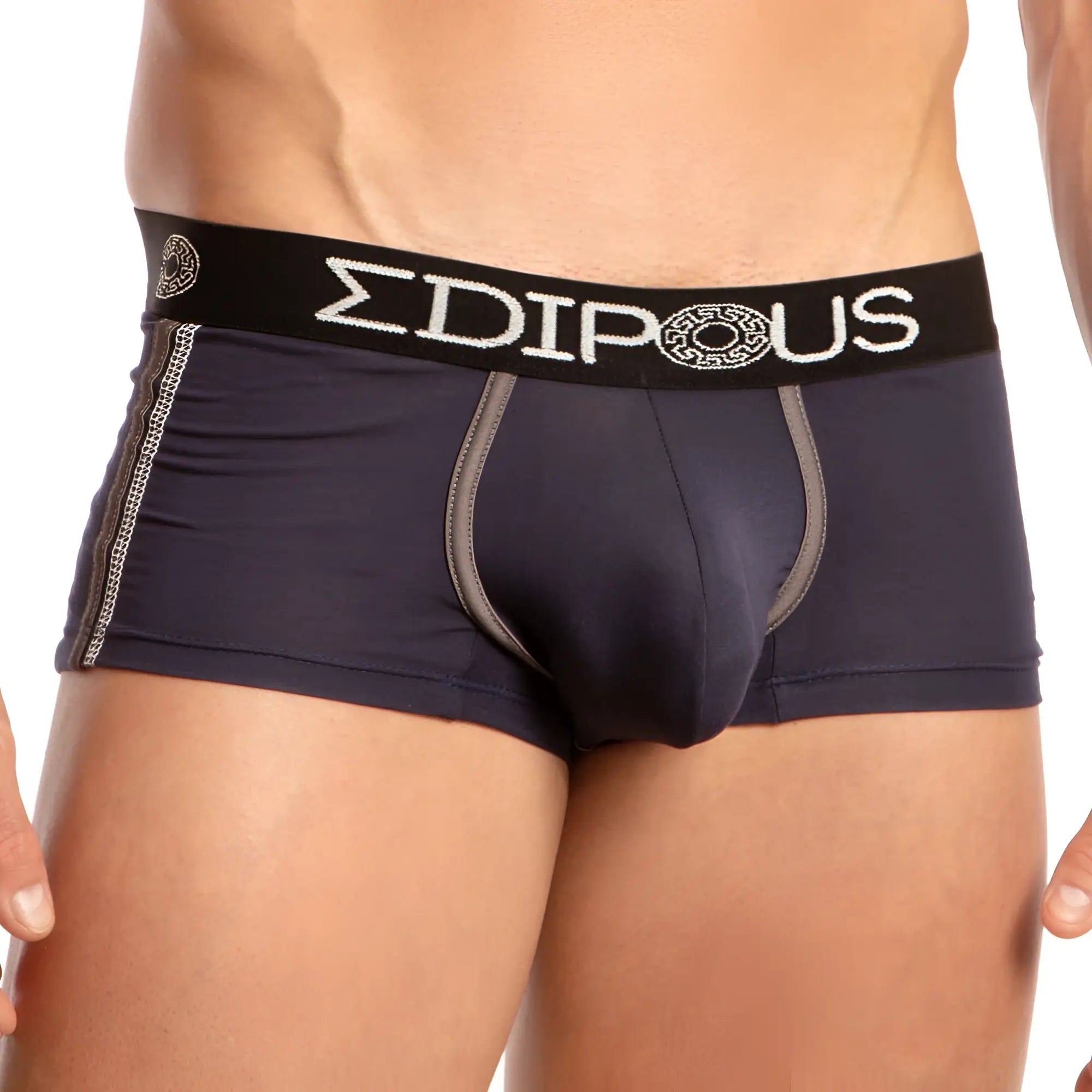 Navy blue edibous EDG024 boxer trunk briefs with black waistband gray stitching and white σdipous branding
