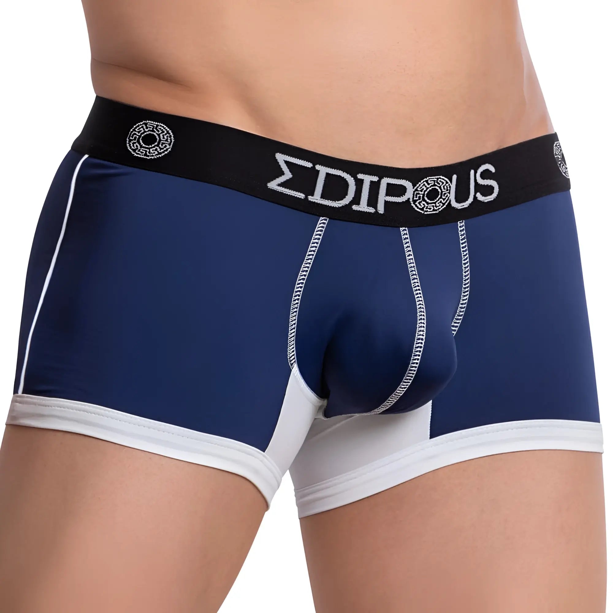 Navy blue and white edipous edg026 boxer brief with black waistband featuring edipous brand name in silver lettering