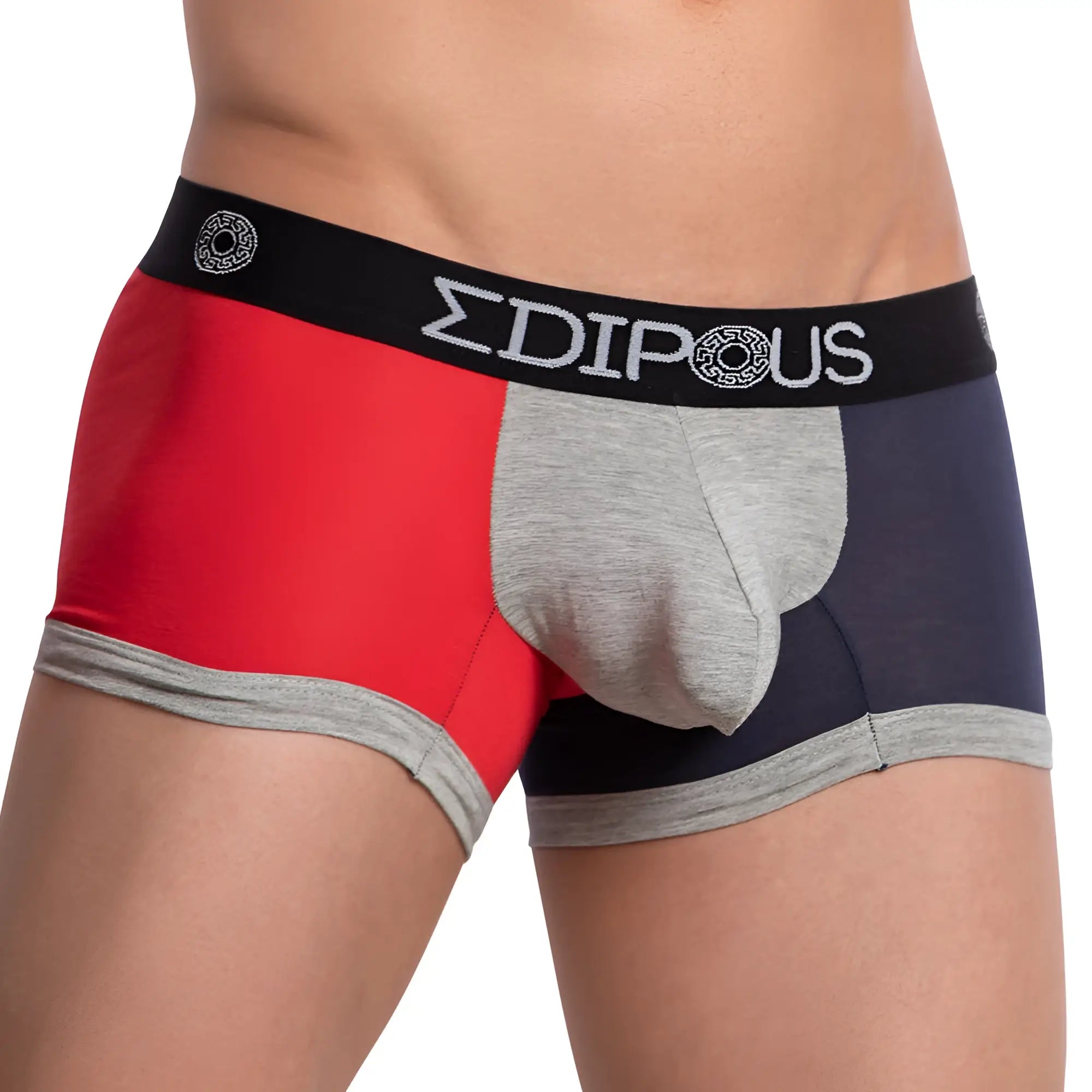 Men’s red gray and navy blue edipous edg027 boxer briefs with black waistband featuring edipous brand name in white