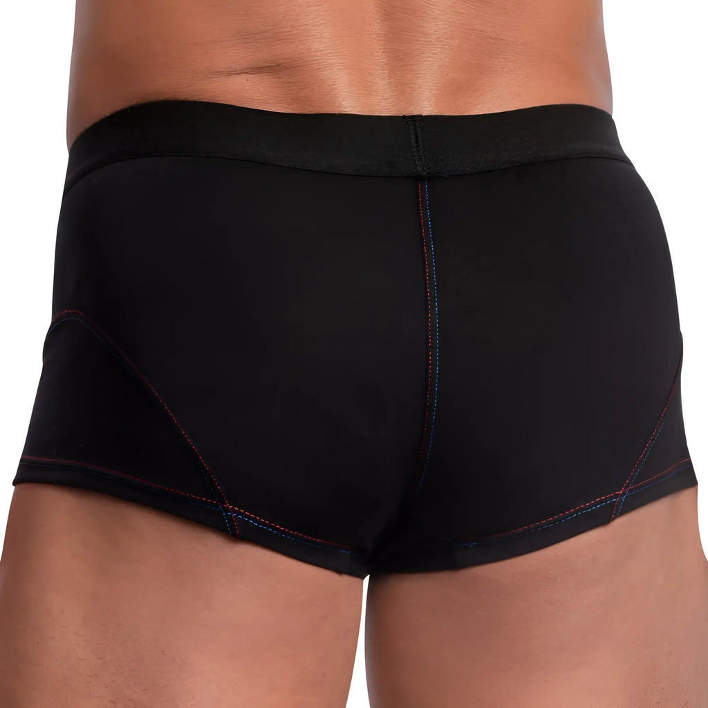 Edipous EDG030 boxer trunk black men’s briefs with subtle red and blue stitching along the seams