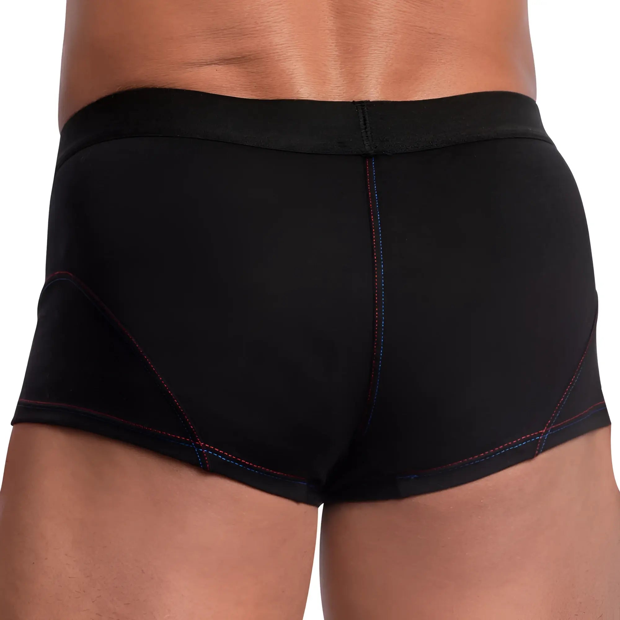Edipous EDG030 boxer trunk black men’s briefs with subtle red and blue stitching along the seams