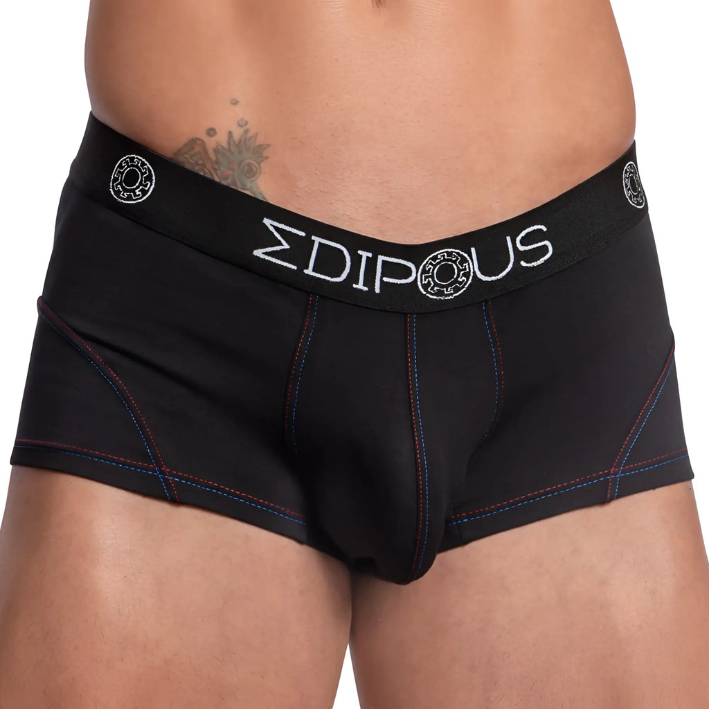 Black men’s briefs edipous edg030 boxer trunk with white logo, circular waistband designs, and blue stitching accents