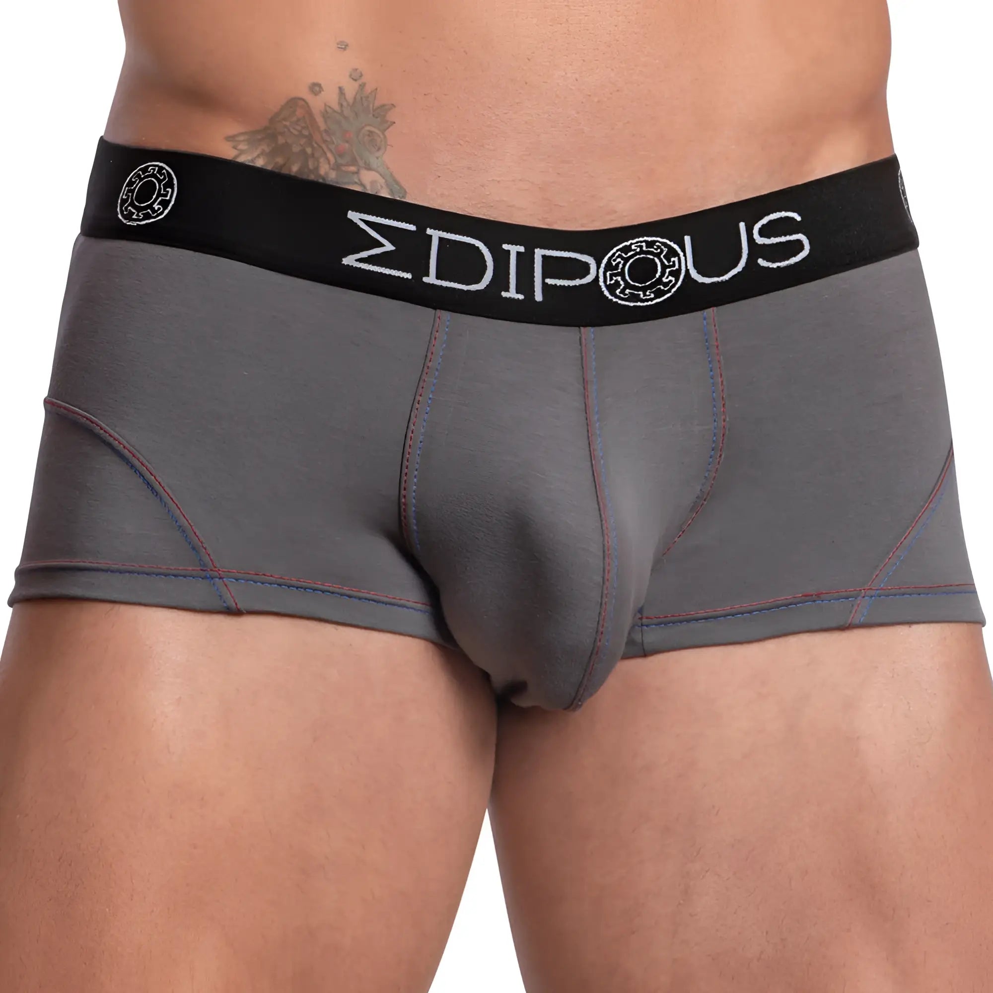 Gray men’s edipous edg030 boxer trunk briefs with black waistband and white brand name featuring circular logos