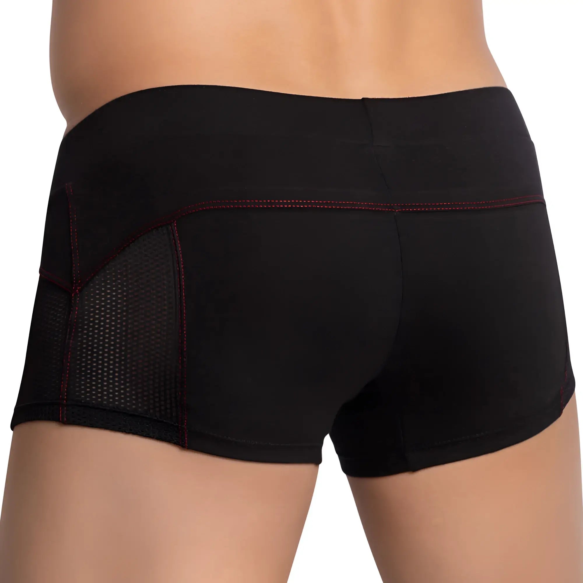 Black edipous edg031 boxer trunk shorts with red stitching and breathable mesh panels for athletic use
