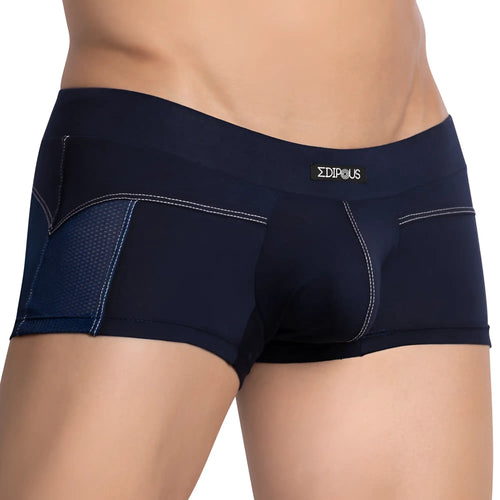 Navy blue men’s Edipous EDG031 boxer trunk briefs with mesh panels white stitching and sigmaidipus brand label on waistband