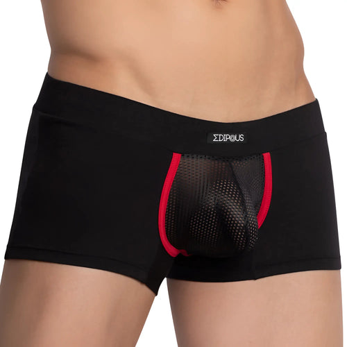 Black men’s briefs edipous edg032 boxer trunk with red trim mesh panel and zdipous brand label