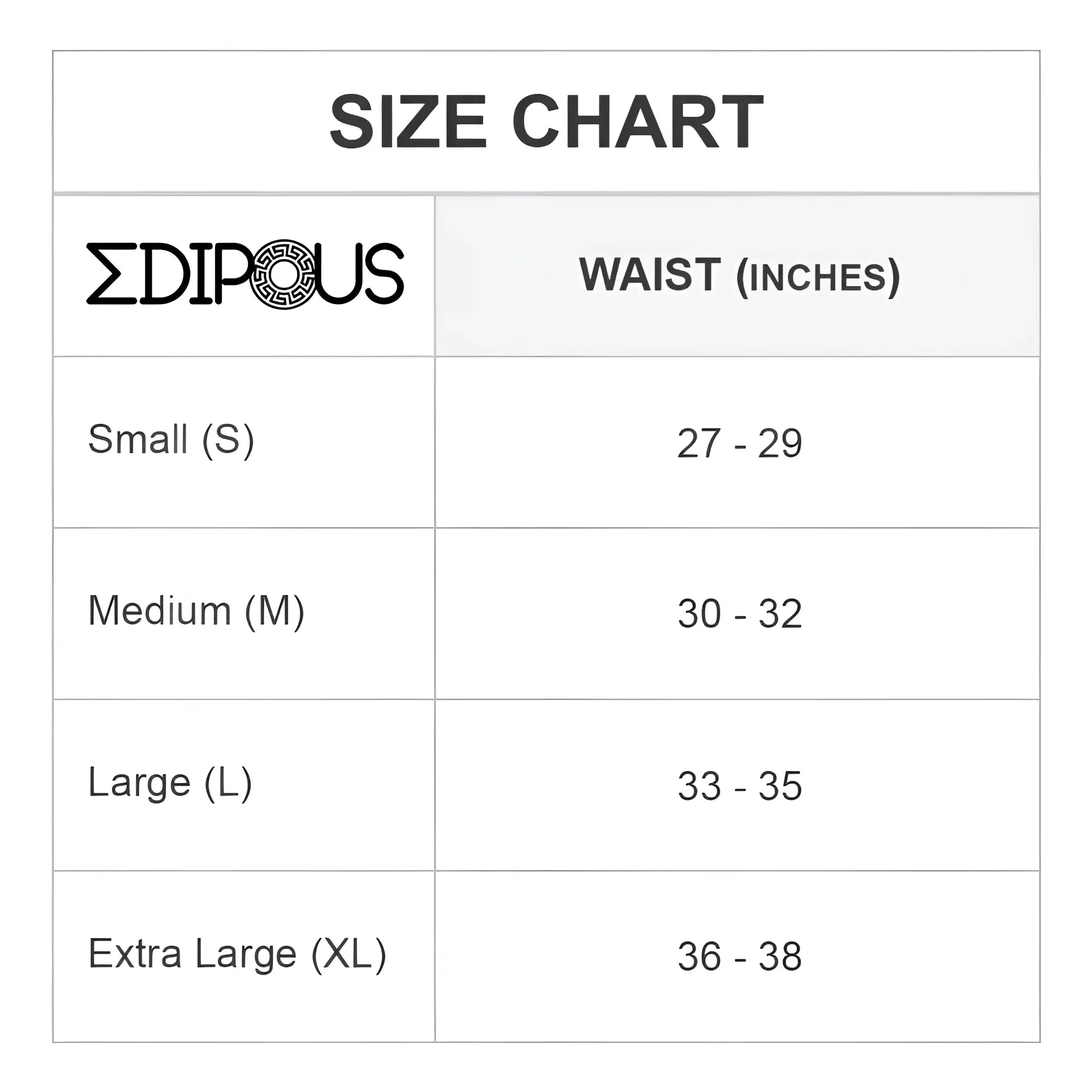 Edipous EDG032 boxer trunk size chart showing waist measurements in inches for a comfortable fit