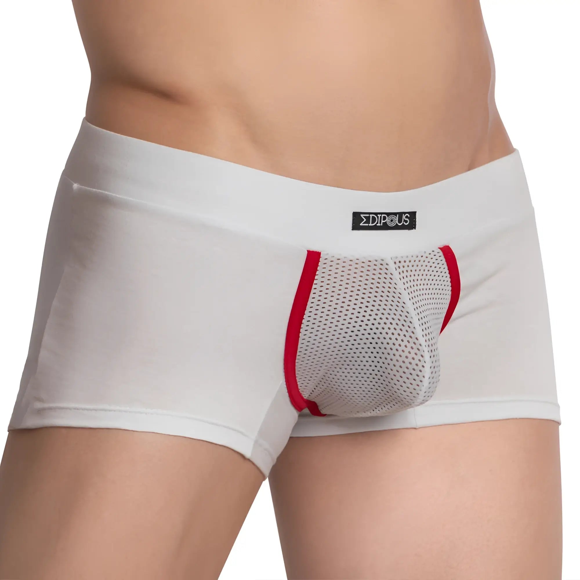 White men’s briefs with red trim and mesh panel featuring edipous brand label in edipous edg032 boxer trunk design