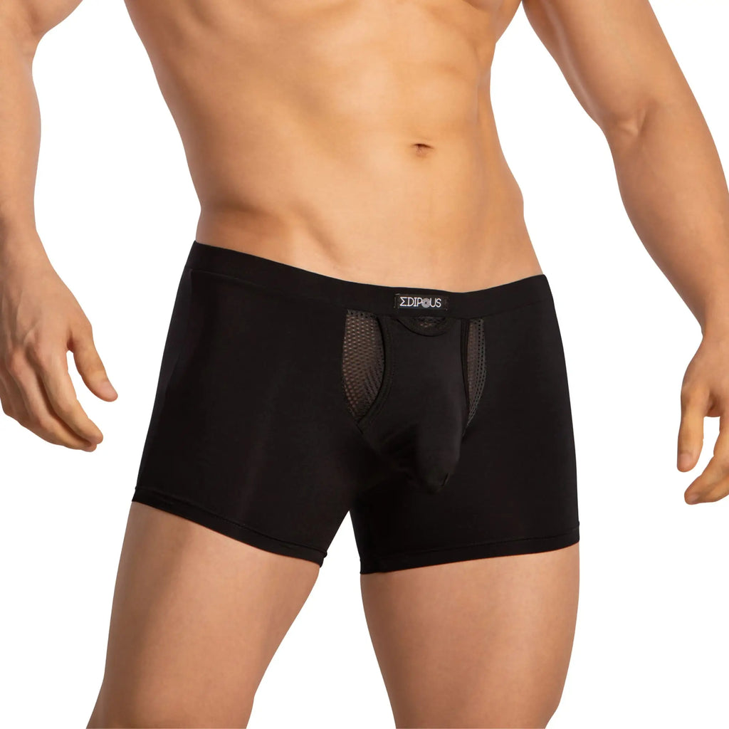 Black edipous edg035 men’s boxer briefs with front mesh paneling for breathable comfort and style