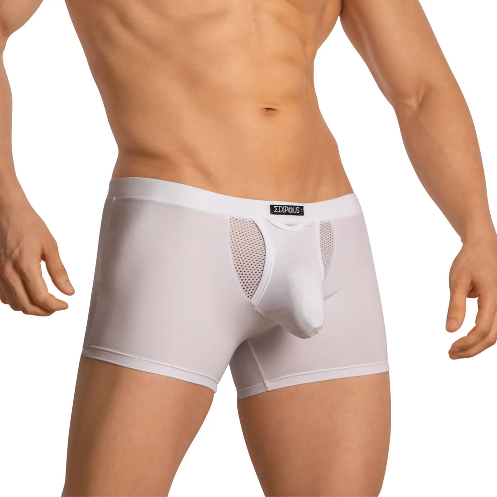 White men’s edipous edg035 boxer underwear with mesh panels and central pouch featuring edipus waistband label