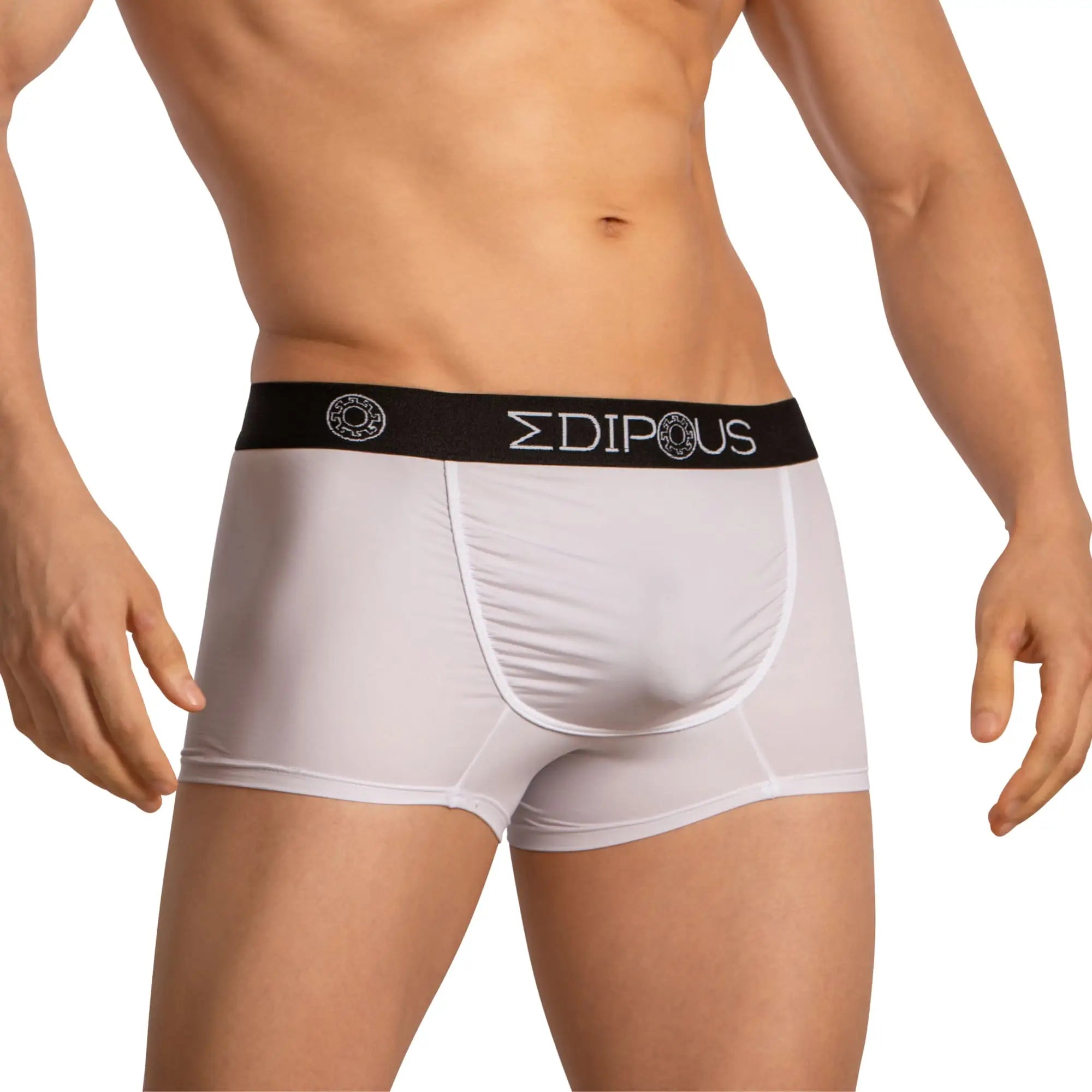 White men’s briefs with black elastic waistband featuring edipous logo in white lettering edgedg036 boxer