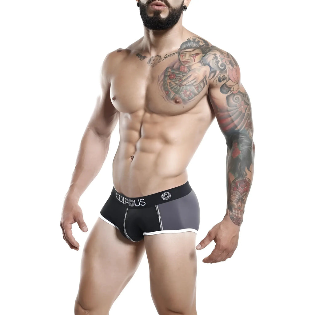 Edipous EDH003 brief black and gray athletic briefs with white trim and subtle logo on waistband front view