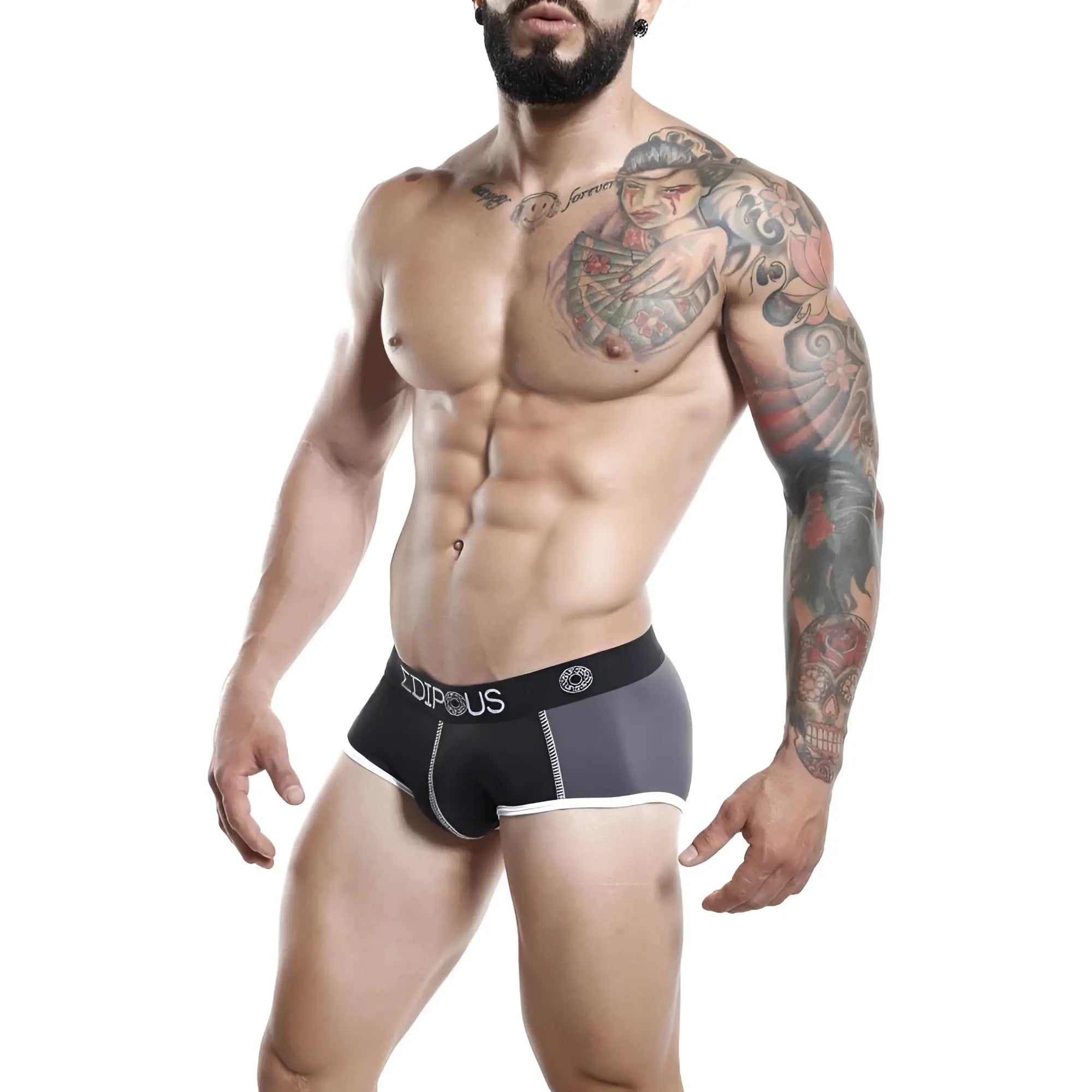 Edipous EDH003 brief black and gray athletic briefs with white trim and subtle logo on waistband front view
