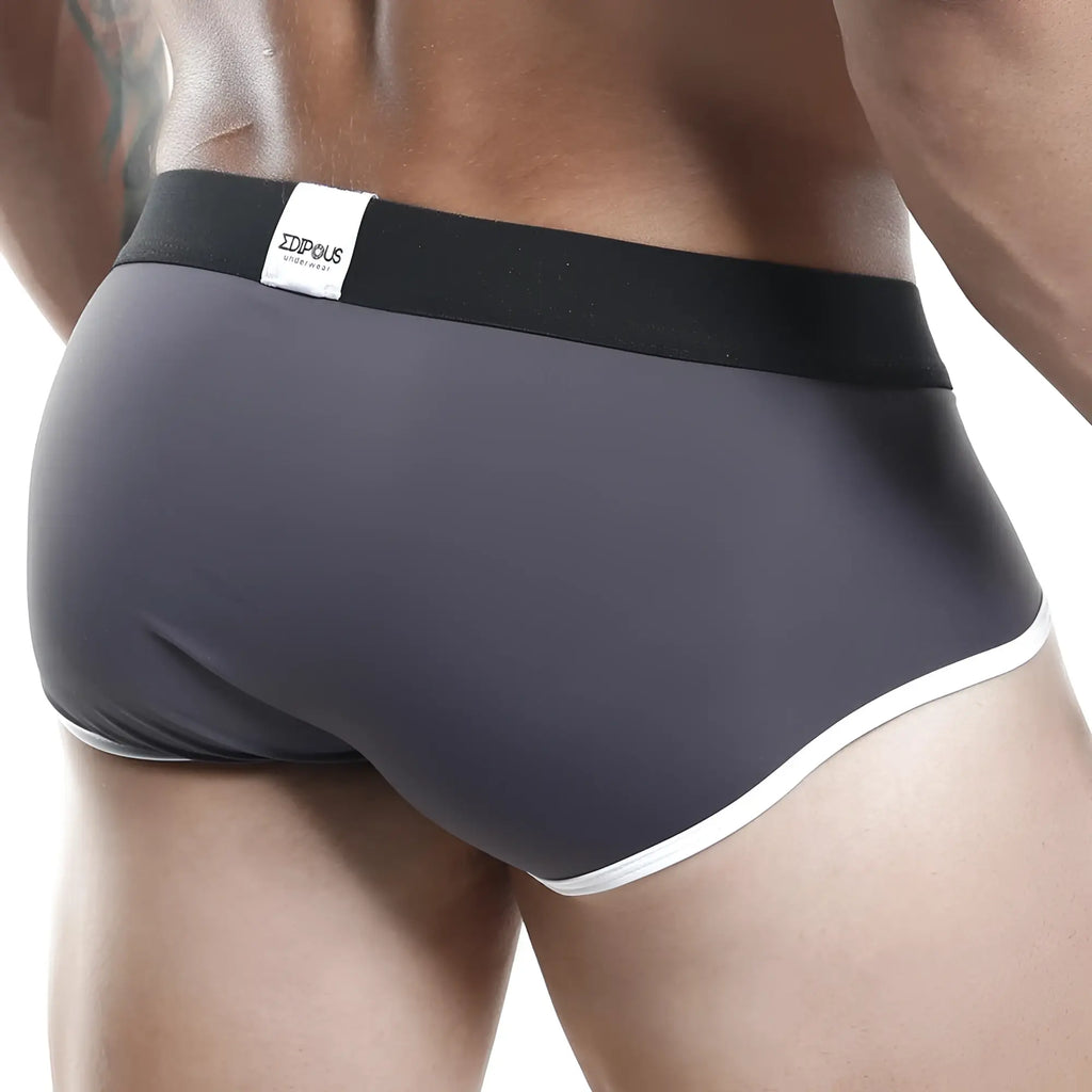 Edipous EDH003 brief dark gray with black waistband white trim and small white label zdipous underwear
