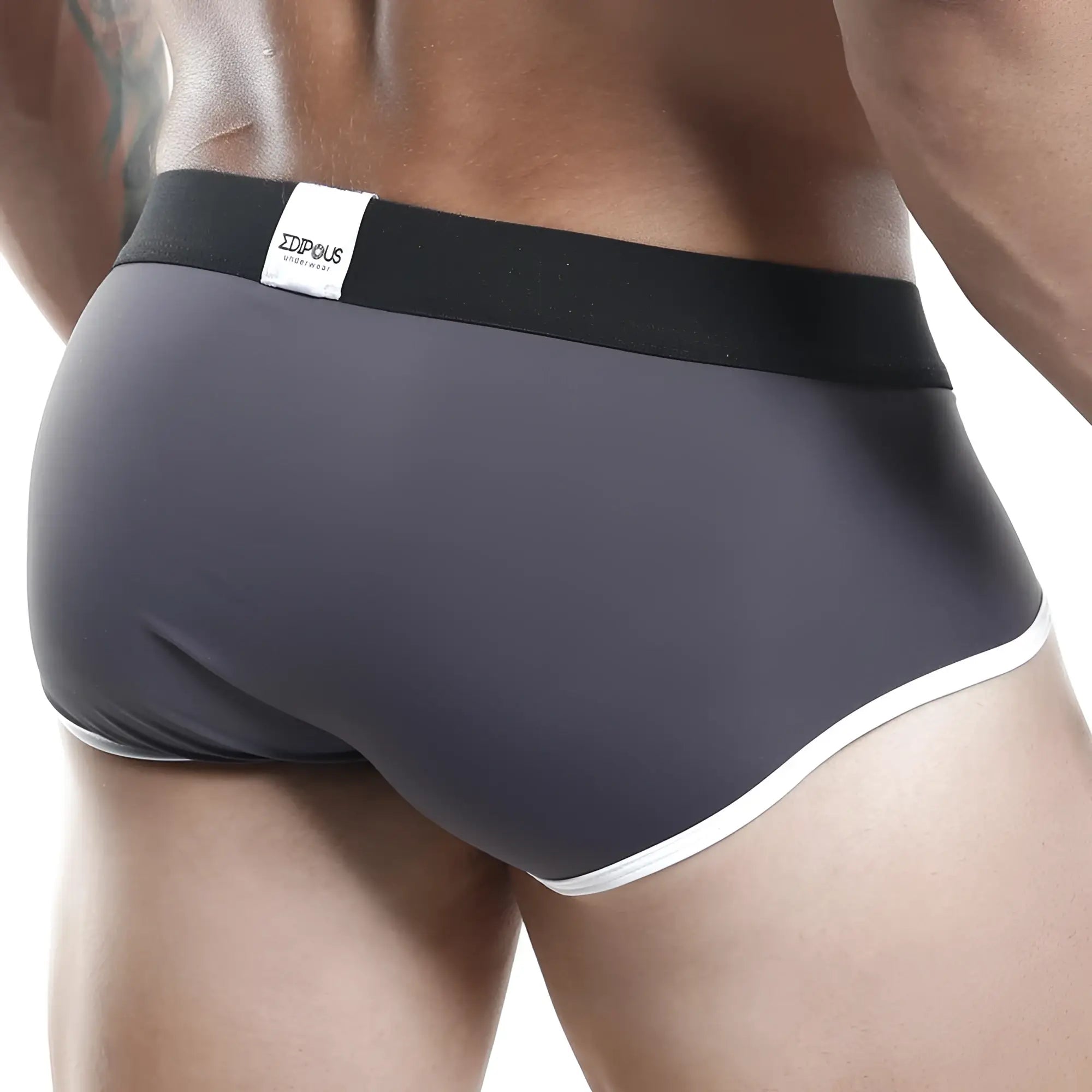 Edipous EDH003 brief dark gray with black waistband white trim and small white label zdipous underwear