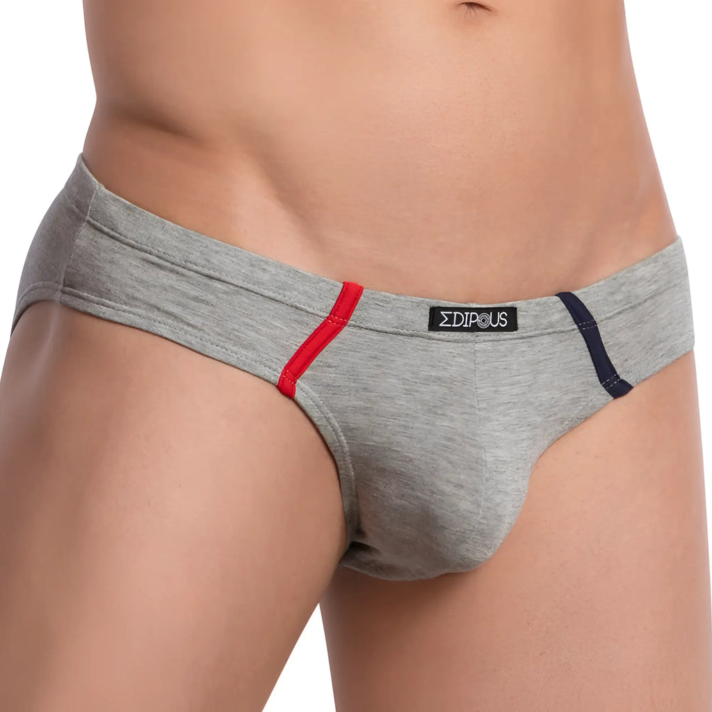 Gray heathered briefs edipous edj017 with red and navy diagonal waistband stripes and black brand label