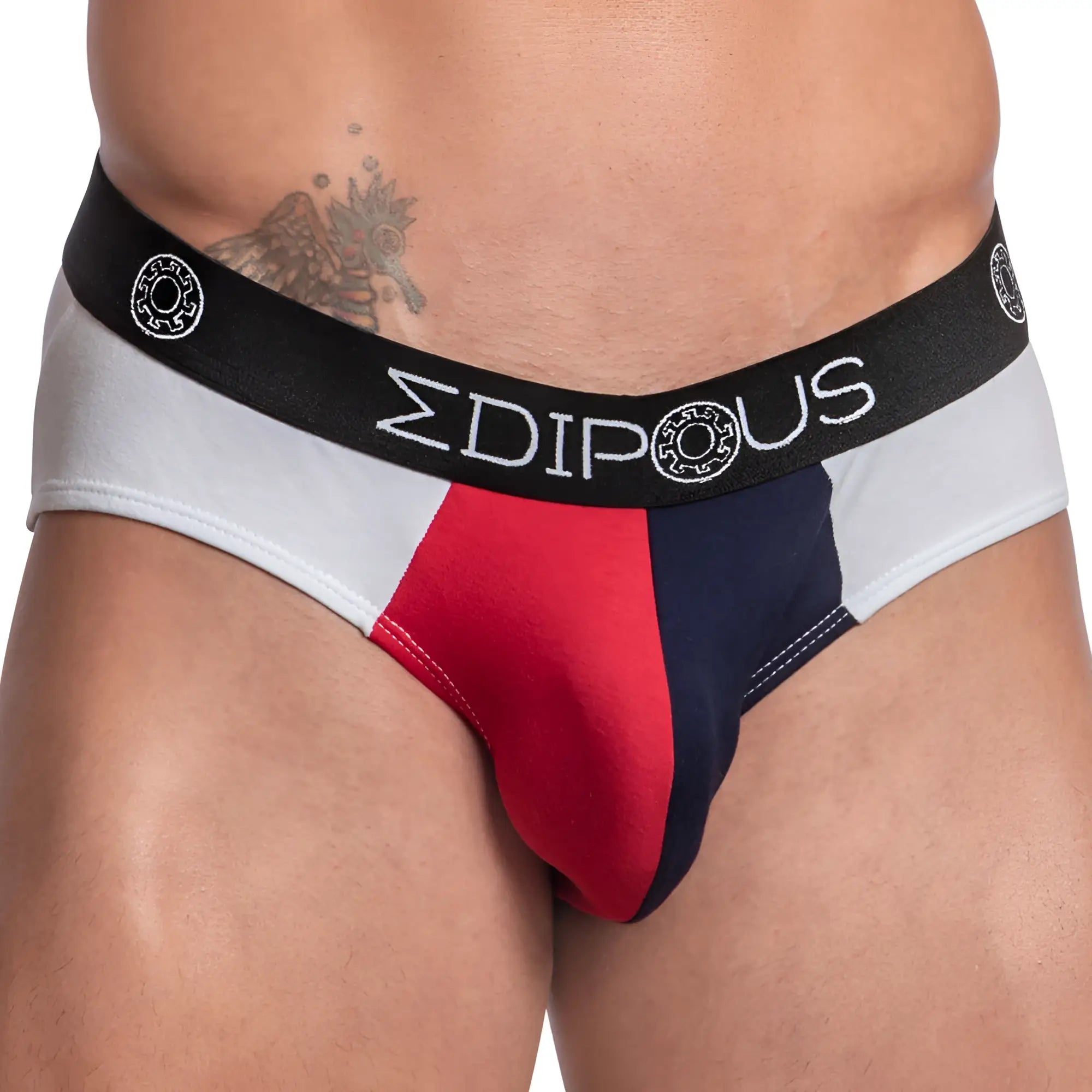 Edipous EDJ019 bikini brief in black white and red color-block with black waistband and silver edipous logo