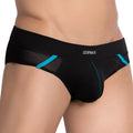 Black men’s briefs edipous edj020 with teal mesh panels and trim featuring the edipious logo on waistband