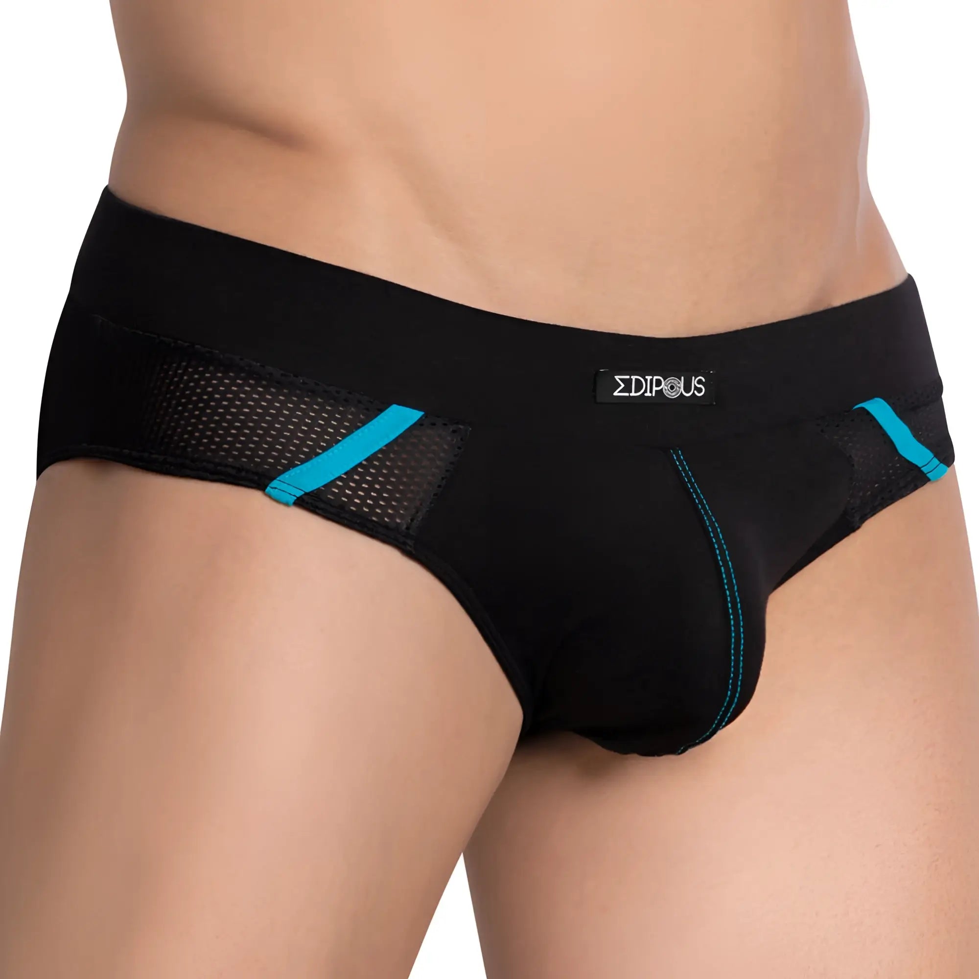 Black men’s briefs edipous edj020 with teal mesh panels and trim featuring the edipious logo on waistband