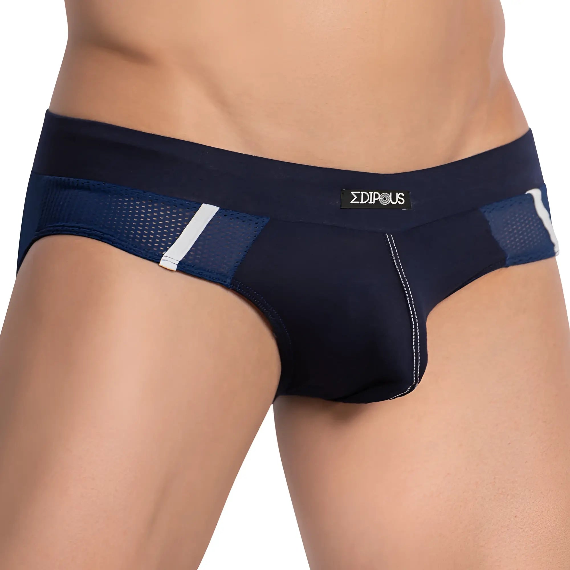 Edipous edj020 navy blue and white mesh-trimmed men’s briefs with branded label and breathable fabric