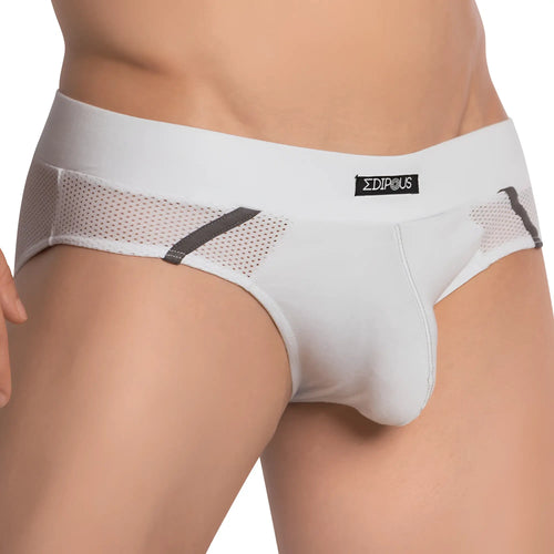 White sigma brand edipous edj020 briefs with mesh panels and gray accent stripes for comfortable support