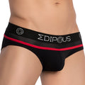 Black men’s briefs edipous EDJ021 with red trim and white brand name on waistband designed for comfort and support