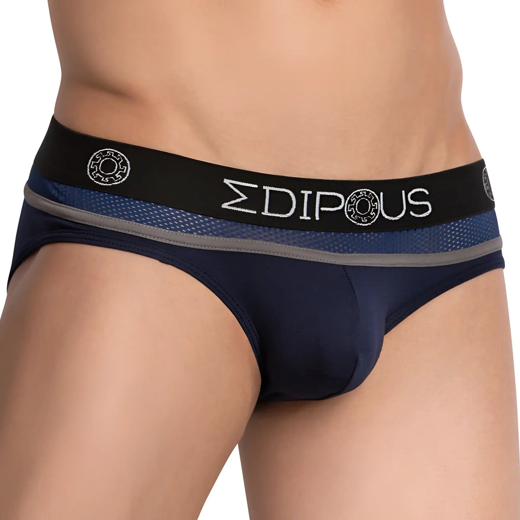 Navy blue edipous edj021 men’s briefs with black and gray trim and mesh waistband featuring white brand name