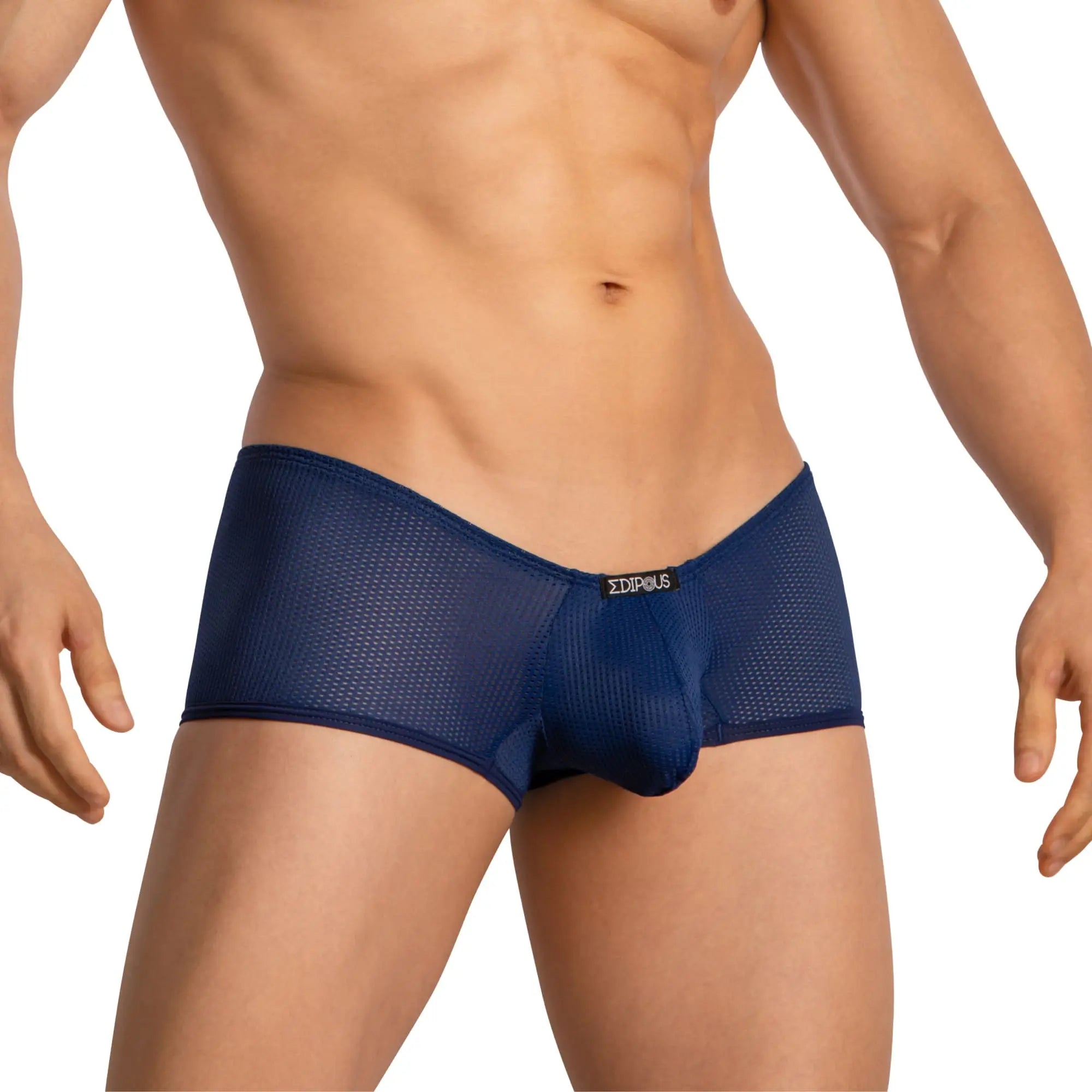 Navy blue mesh men’s briefs with subtle textured pattern and Edipous branded label at waistband EDJ022 brief