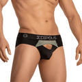 Black men’s Edipous EDJ023 brief underwear with gray mesh panel and Edipous logo on black waistband