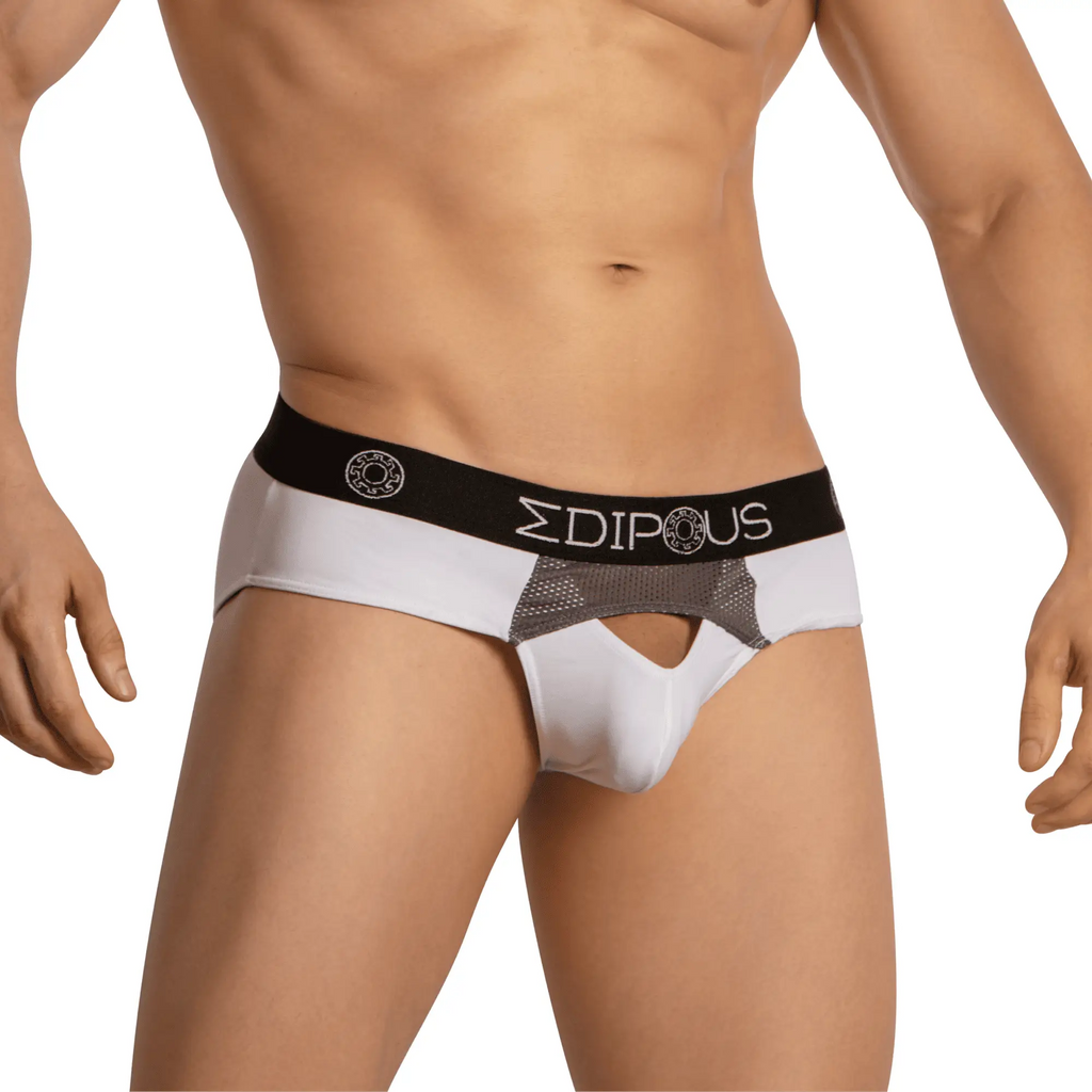 White men’s briefs edipous edj023 with black waistband and silver mesh paneling for breathable comfort
