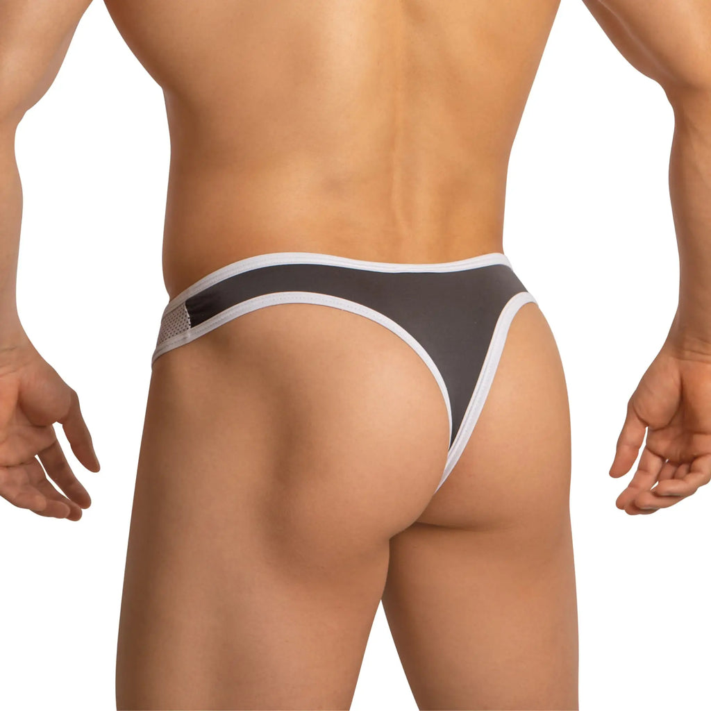 Black and white Edipous EDK025 thong with mesh panel on the side showing front view
