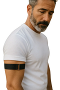 Elastic armband made of black nylon with a gold-tone metal buckle for adjustable fit and secure wear