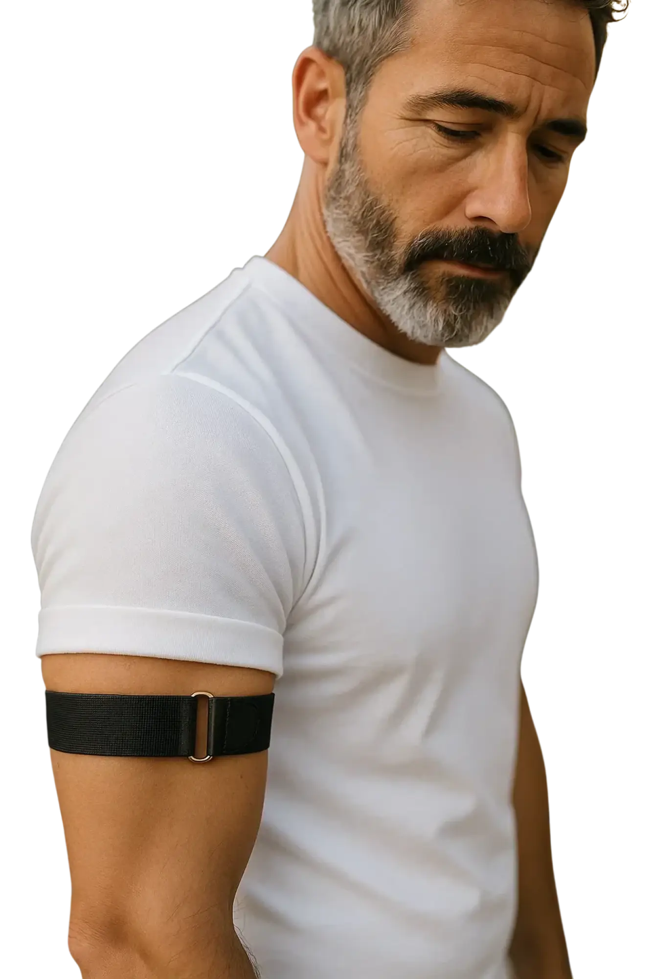 Elastic armband made of black nylon with a gold-tone metal buckle for adjustable fit and secure wear