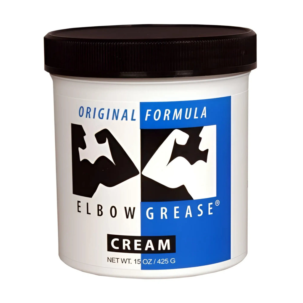 Elbow Grease Original Formula Cream in a white 15 oz tub with a black lid and a blue and white bicep graphic.
