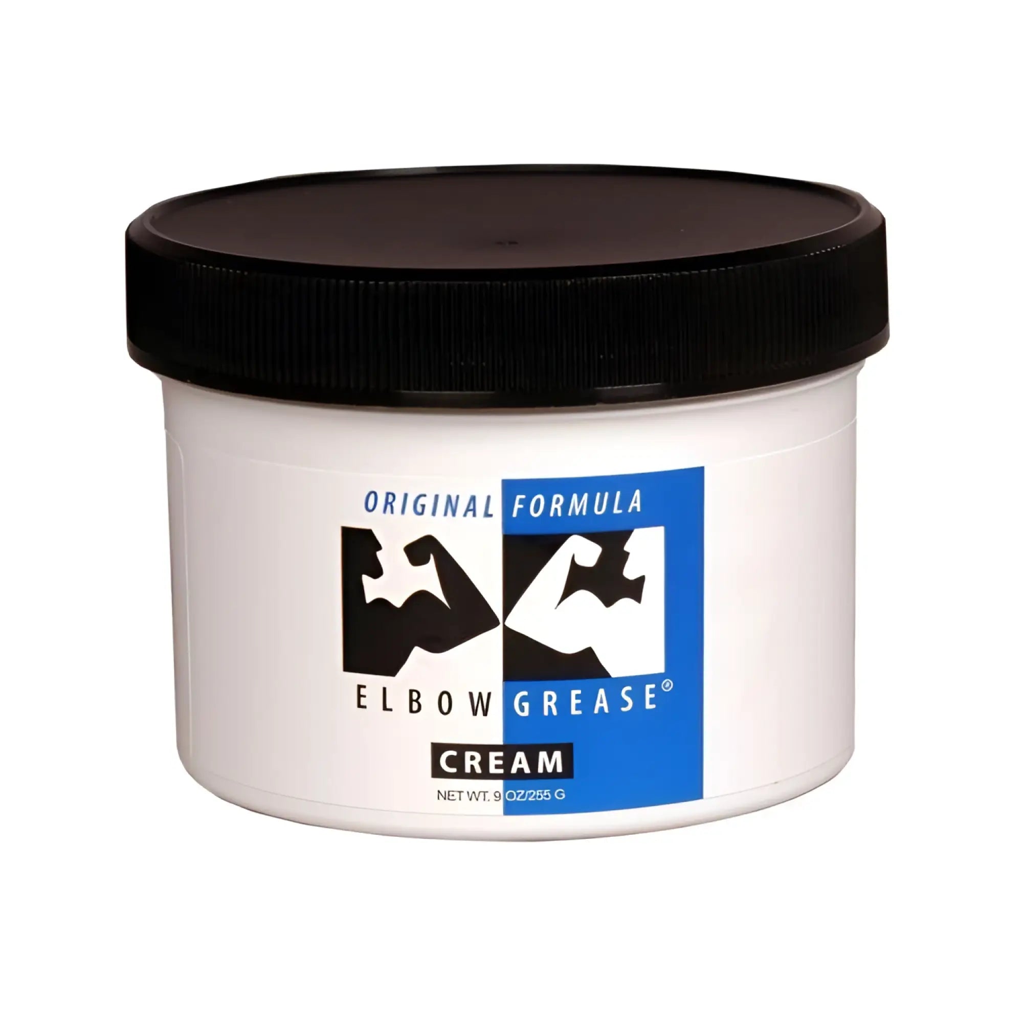 A white 9oz jar of Elbow Grease Original Cream with a black lid, featuring a blue and white logo with flexed arms.