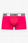 Bright pink adonis men’s briefs with a white waistband featuring black adonis lettering in electric pink boxer brief style