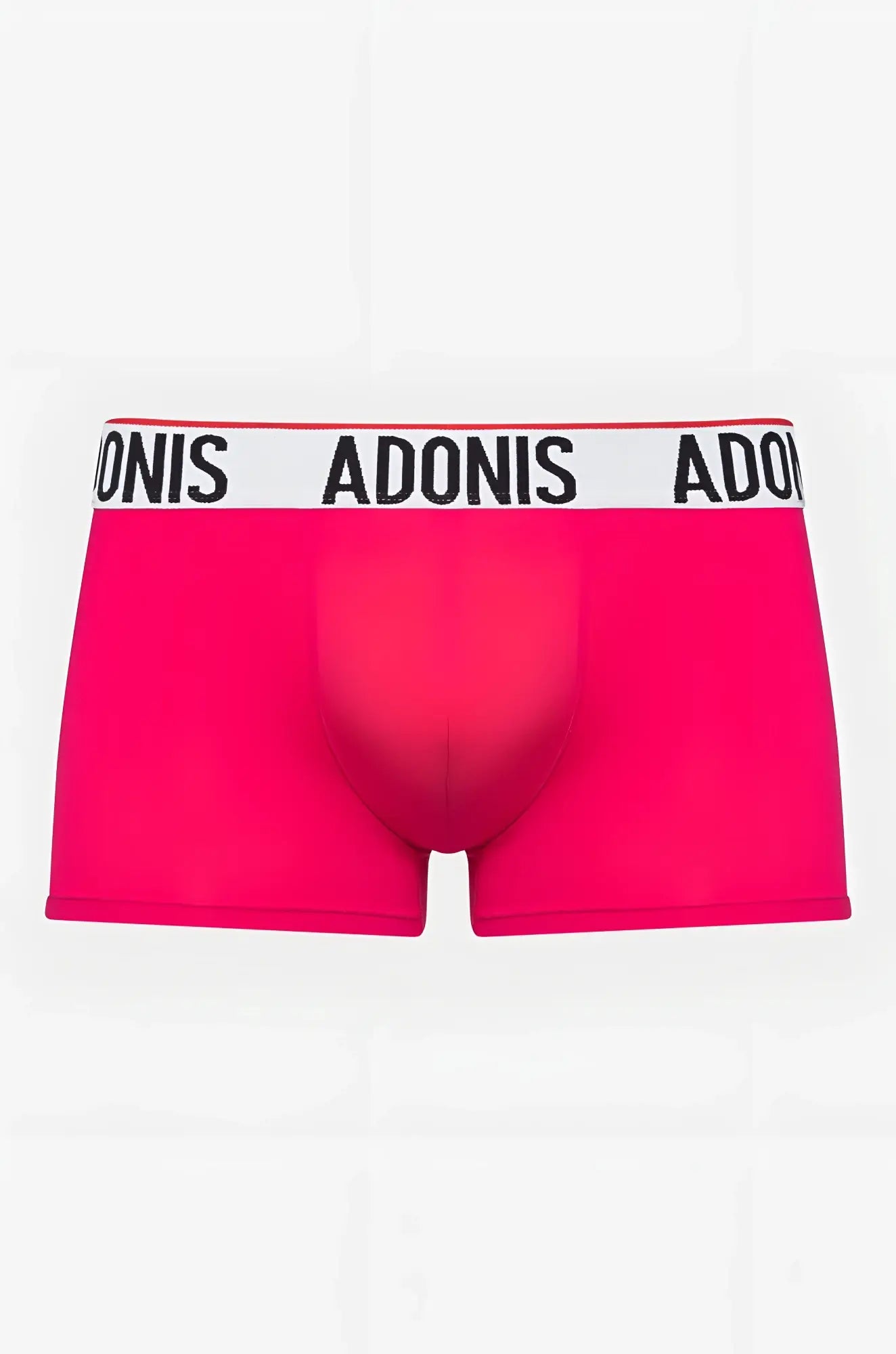 Bright pink adonis men’s briefs with a white waistband featuring black adonis lettering in electric pink boxer brief style