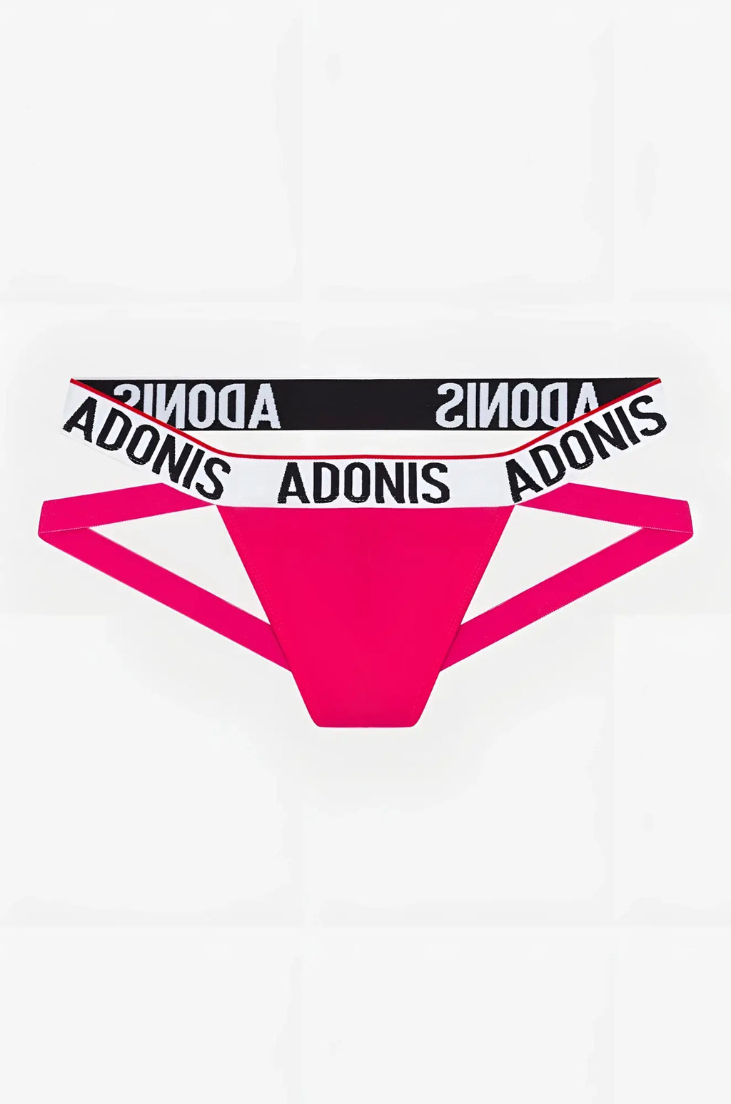 Electric pink Adonis brand thong with white and black waistband featuring the Adonis logo in a jockstrap style