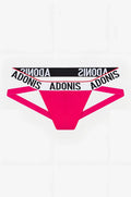 Electric pink Adonis brand thong with white and black waistband featuring the Adonis logo in a jockstrap style