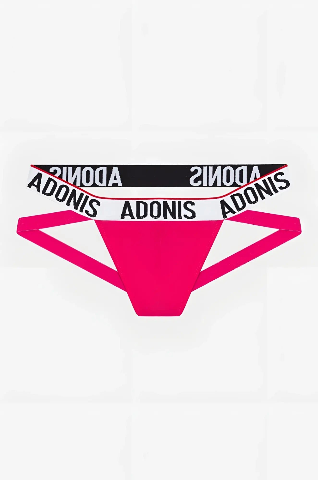 Electric pink Adonis brand thong with white and black waistband featuring the Adonis logo in a jockstrap style
