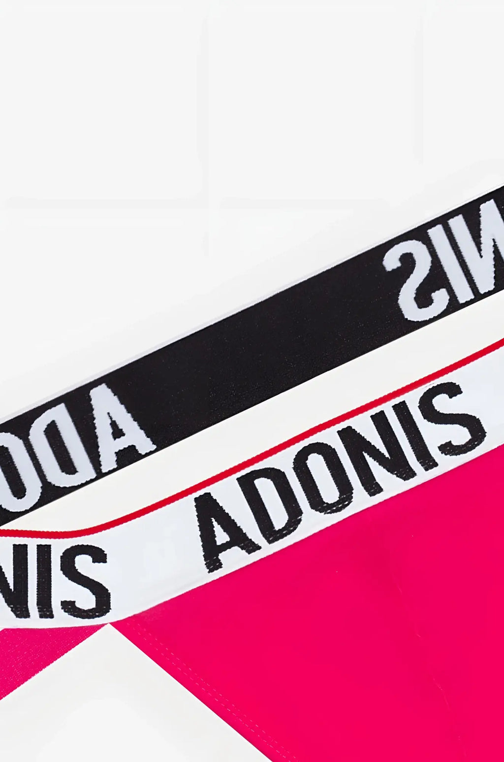Electric pink jockstrap with bright pink and white striped fabric band featuring bold black adonis lettering