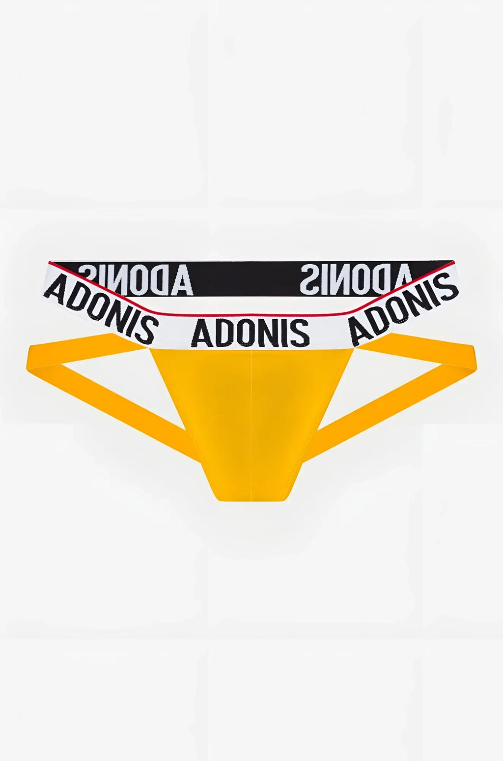 Bright yellow adonis briefs with a bold black and white adonis logo waistband electric yellow jockstrap style