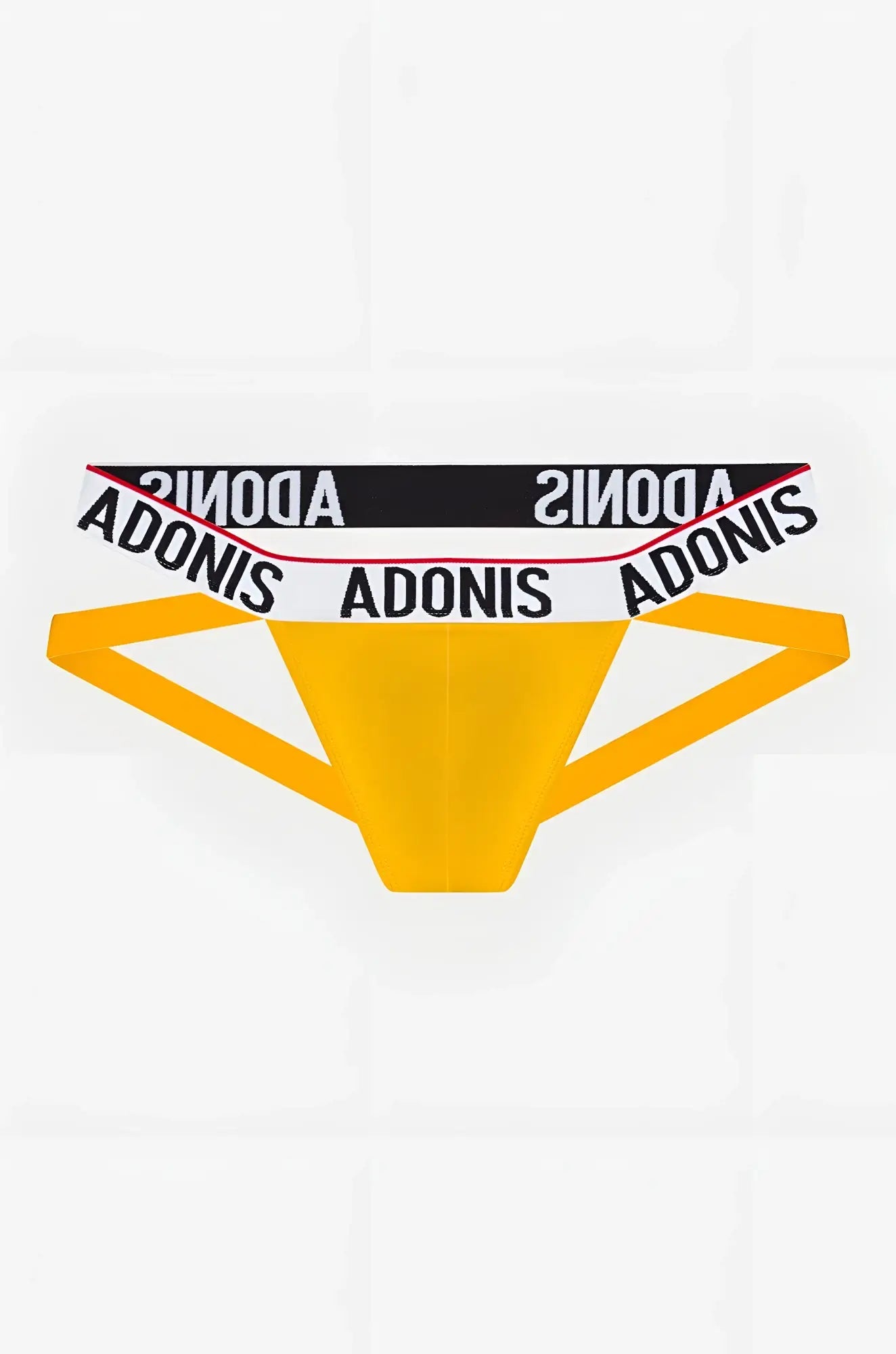 Bright yellow adonis briefs with a bold black and white adonis logo waistband electric yellow jockstrap style