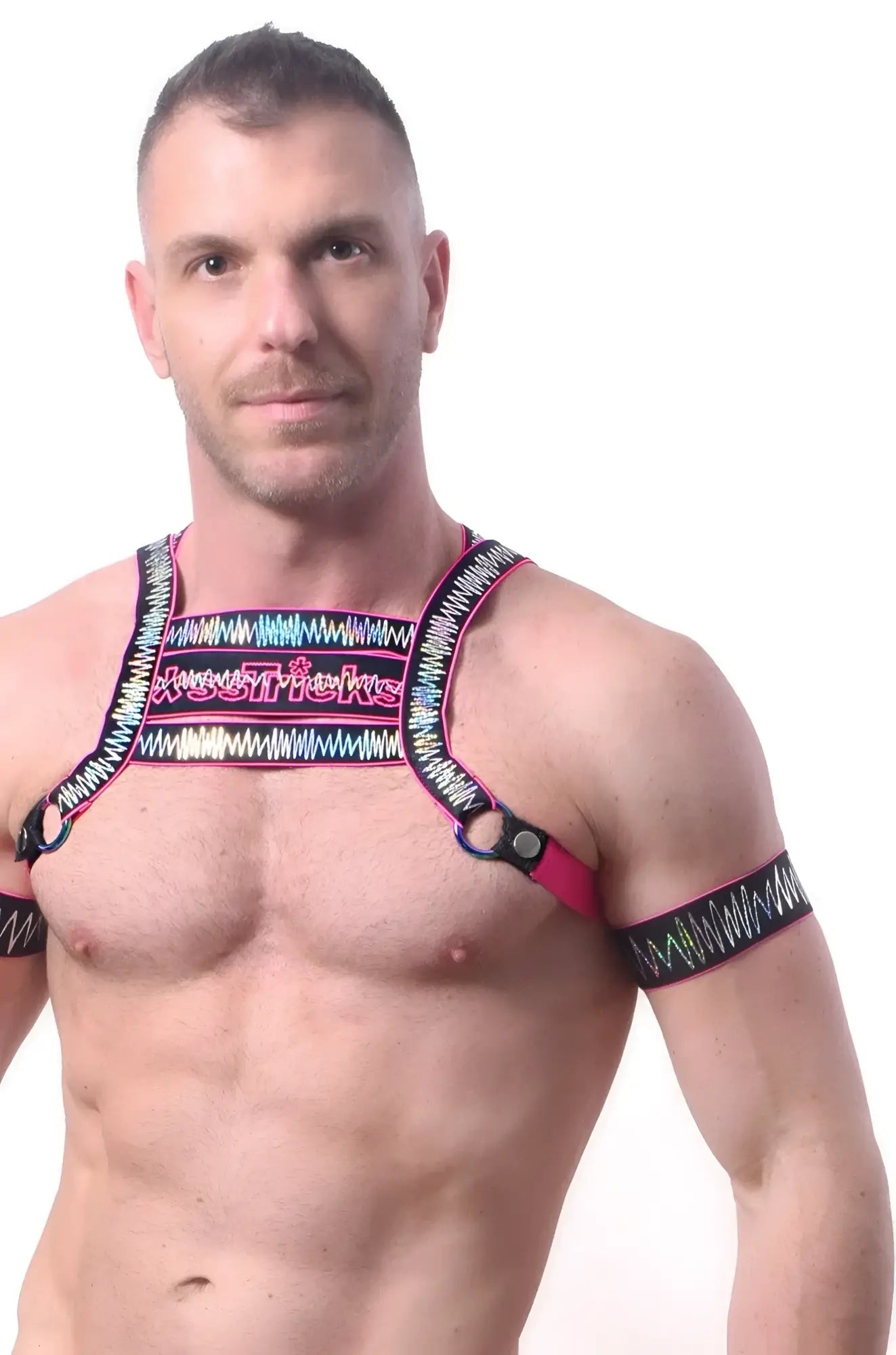 Electro armband set of 2 featuring a vibrant patterned harness with pink and black straps and colorful zigzag design