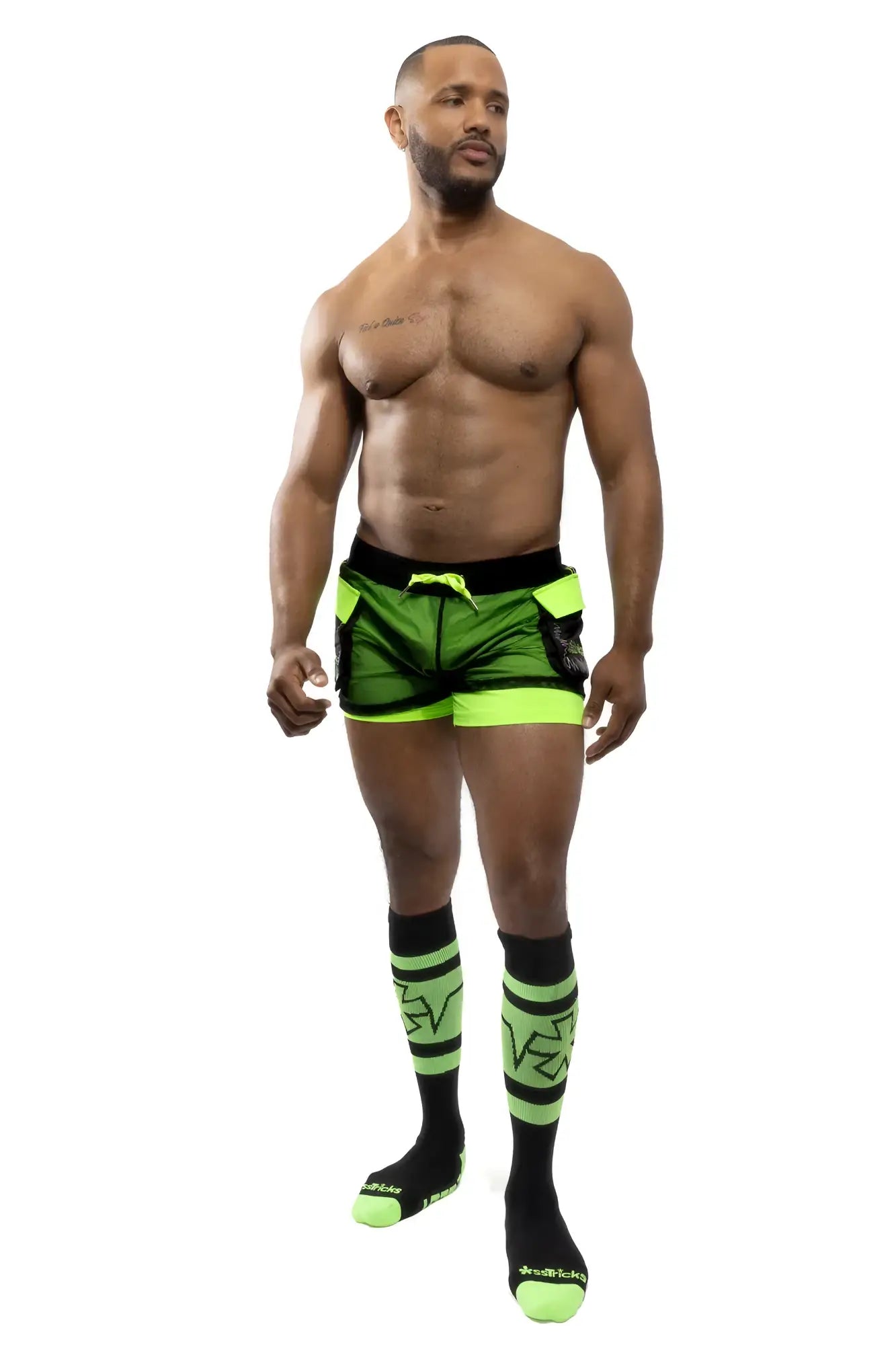 Electro cargo shorts in bright neon green and black with matching logo side detail for athletic use