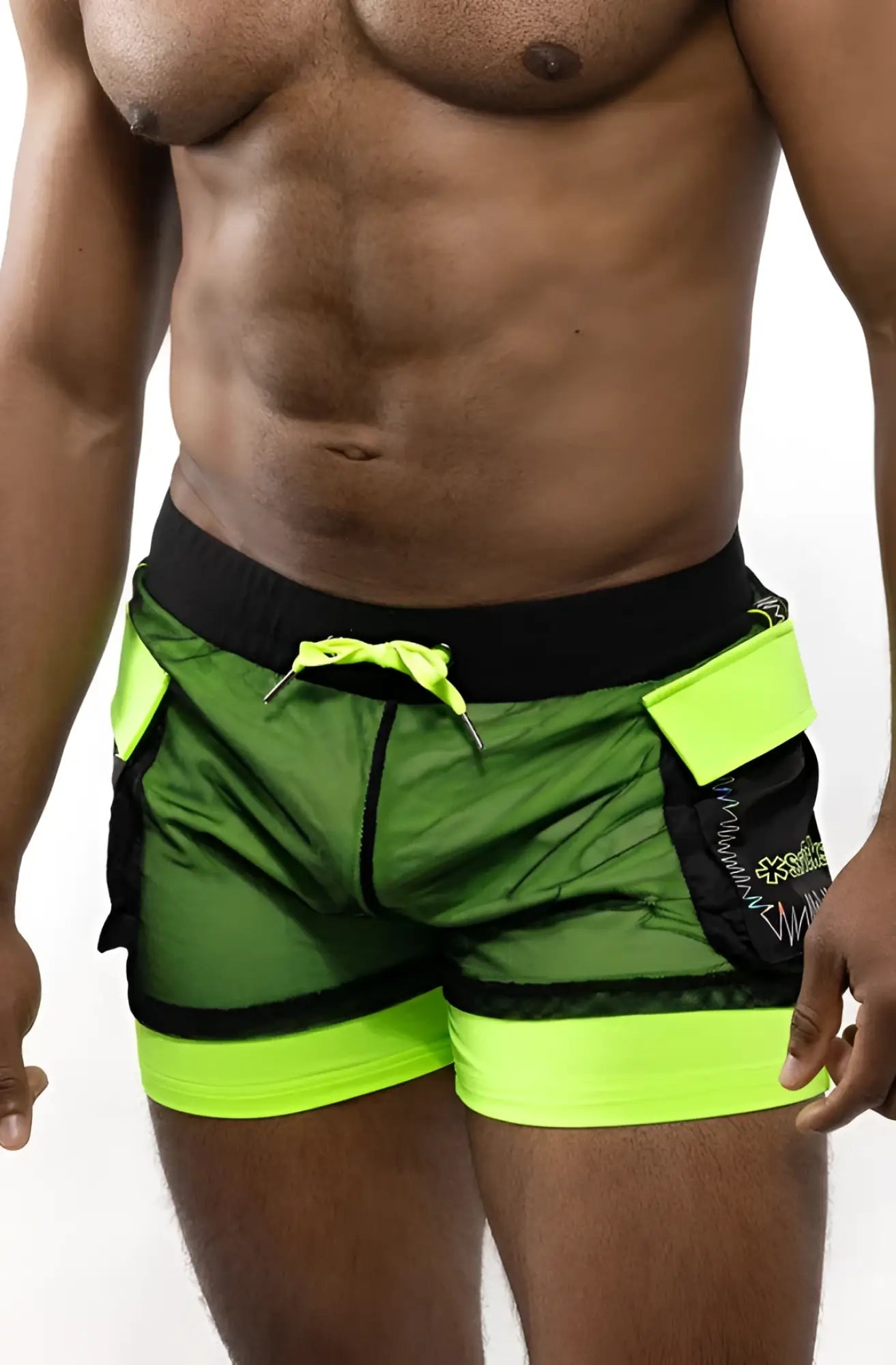 Electro cargo shorts in neon green and black mesh featuring a bold sporty design for active wear