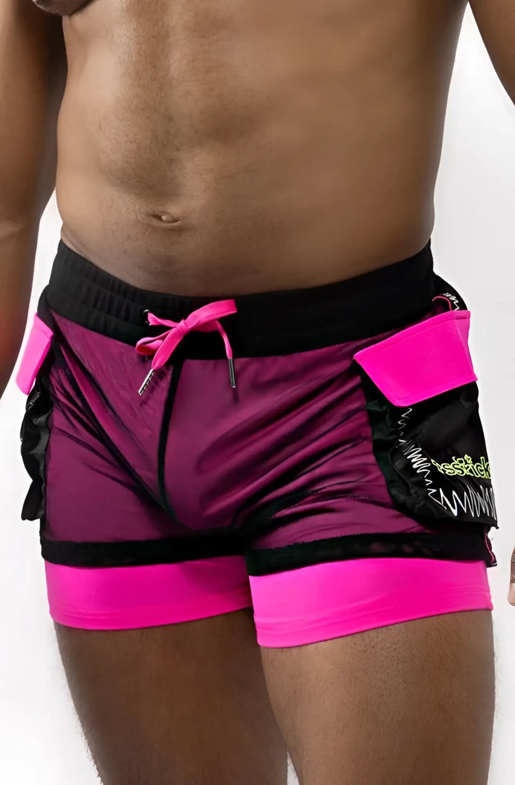 Electro cargo shorts vibrant magenta and black mesh athletic shorts with neon pink trim and bold pocket detailing