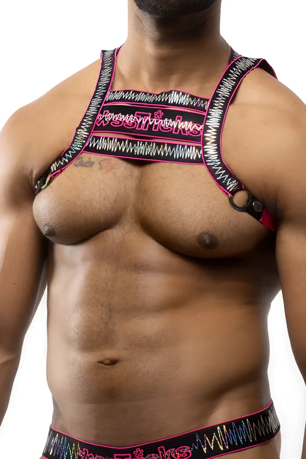 Black and pink electro holographic harness with bold wavy pattern designed for a striking futuristic look